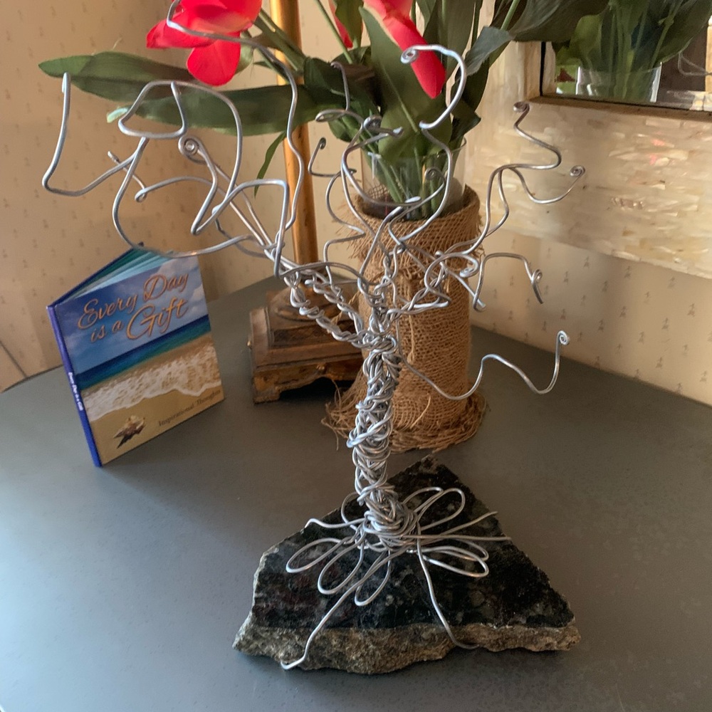 SILVER wire TREE sculpture, small. HAND TWISTED, BLACK and SILVER granite base.
